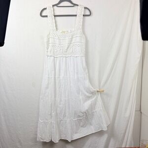 Rebellion Again White Crochet Tiered Midi Dress Sz Large Milkmaid Cottage Modest